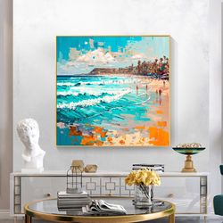 original beach oil painting on canvas, abstract seascape wall art, summer decor, custom painting, large wall art, textur