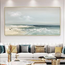 sandy beach ocean oil painting on canvas blue sky white clouds abstract seascape coastal wall art acrylic painting large