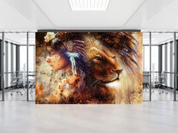 gift for house, 3d wall mural, wall mural wallpaper, gift for the home, indian woman and lion portrait wallpaper, indian
