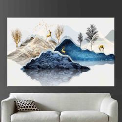 Golden Deer Wall Art, Deer Wall Decor, Mountain Painting Art, Modern Artwork, Glass Art Gift, Canvas Art, 3D Wall Art, L
