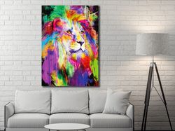 Spectrum Sovereign A Psychedelic Lion Canvas,Rainbow Lion Wall Art, Electric Animal Portrait, Eclectic Home Decor, Bold