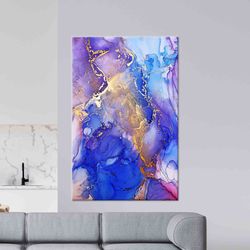 Blue And Purple Marble Wall Art, Marble Glass Art, Abstract Canvas, Blue Marble Canvas, Gold Marble Canvas Print, Living