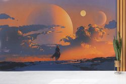 Cowboy Wall Paper, Sunset Landscape Art, Alone Cowboy Mural, Abstract Wallpaper, Wall Covering, View Wall Poster, 3D Wal