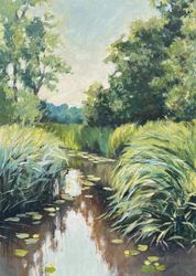 original pond painting vintage landscape oil painting print