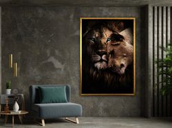 lion couple canvas print art, lion love, lion hugging each other canvas wall decor, framed canvas ready to hang-1