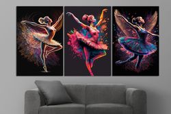 Female Ballerina Wall Art, Colorful Luminous Ballerinas, Wall Set of 3, Female Wall Decor, Motivational Wall Decor, Femi