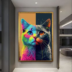 colorful cat wall art, cute cat wall canvas painting, pop art, funny wall art, nursery decor, canvas wall decor, modern