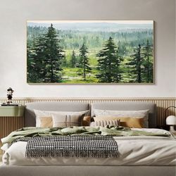 original forest oil painting on canvas, abstract green landscape painting, living room home decor, large pine tree paint
