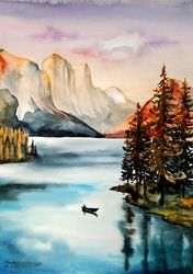 original watercolor painting, landscape watercolor, mountain wall art forest painting, painting in brown tones lake pain