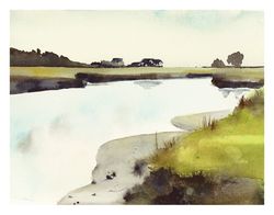 landscape painting, landscape art- landscape watercolor- maine salt marsh - watercolor print