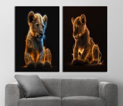 neon lighted baby lions canvas painting, wildlife wall art, bright lion canvas, set of 2, light effect canvas, color can