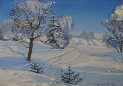 Landscape painting Impressionism Winter landscape Antique oil painting original Soviet art Ukrainian artist Serdyukov A