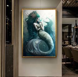 Mermaid in Water, Fishes and Mermaid Canvas Wall Art, Mermaid Canvas Painting, Sea Beauty Art, Blue Canvas Art, Woman Wa