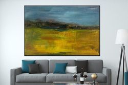 Large Landscape Painting on Canvas Yellow Wall Art Abstract Modern Blue Artwork Colorful Painting Heavy Textured Art for