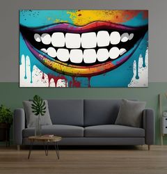 Mouth graffiti canvas painting, lip canvas painting, graffiti tongue canvas wall decor, Happy Smile canvas painting, pop