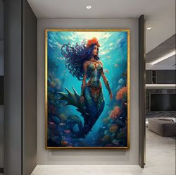 Mermaid in Water, Fishes and Mermaid Canvas Wall Art, Mermaid Canvas Painting, Sea Beauty Art, Blue Canvas Art, Freedom