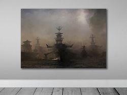 mystic seascape armada,maritime art, ancient fleet canvas, nautical wall art, mystical seascape, historical ships, foggy