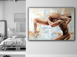naked sexy couple print on bedroom wall art canvas, golden nude couple, print on canvas by hand, erotic painting, nude b