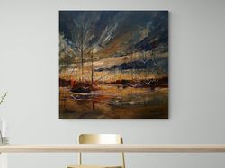 Sailboats on Harbour, Warship wall art, Sailboat wall art,  NIGHT BIRDS  Oil Paint Effected by Hand Ready to hang Art Pr