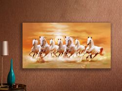 Modern Abstract Seven Running White Horse Canvas, Animals Print on Canvas, White Horse Canvas, Home Decor ,Office Decor,