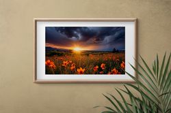 country sunrise landscape photo, sunset field photo print, wildflowers photography, flower photography wall art, floral