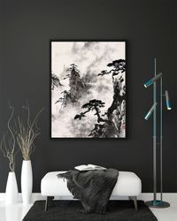 Guo Hua Chinese Ink print Black and white wall decor Sumi-e Ink Painting, ShanShui Oriental Style gift, Chinese landscap