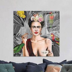 Glass Art,Large Glass Wall Art,Frida With Tea Cup,Mural Art,Frida Kahlo Tempered Glass,Famous Wall Decor,