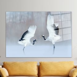 Dancing Cranes,Custom Glass Printing Wall Art,Glass Art,Glass Art Gift,Wildlife Animal Wall Art,Bird Couple Wall Decorat