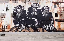 wall covering, decor for wall, 3d wall mural, gift for him, banksy three wise monkeys wallpaper, banksy monkey wallpaper
