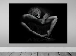 woman and lion poster, black and white, animal print, bedroom, nude body canvas print, sexy woman, bedroom decoration,