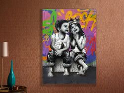 urban innocence,urban decor, graffiti art, childhood memories, contemporary painting, colorful artwork, friendship, city