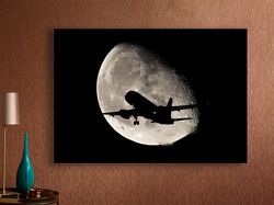 moon and plane print canvas, full moon canvas wall decor, plane print canvas, black&white moon print, home decor, modern