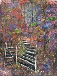 Spring Gated Path, 20x16 oil painting on canvas, vertical, unframed, signed