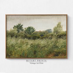 Vintage Field Landscape Painting, Meadow Landscape Art Print, Country Cottage Wall Art, Printable Digital Download