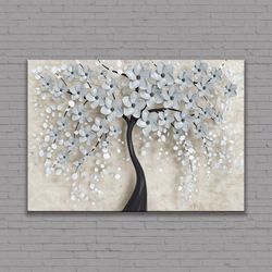 With White Flowers Canvas Wall art, White Cherry Blossom Poster, Large Wall Art, Palette Knife Painting, Ready to Hang