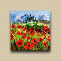 ukraine landscape mini canvas acrylic painting decor wall art original red flowers poppy floral wall art mountain small