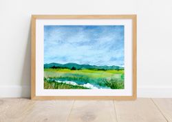 watercolor painting print, stream, river green landscape with mountains, landscape artwork,  wall art, 8 x 10, 5 x 7, 4