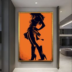 Woman silhouette, Orange and Black Effect Canvas Decor, Shadow Wall Art, Female Body wall Art, Sexy woman Art, Pop Art ,