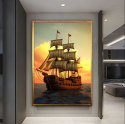 Ship Wall Art, Ocean Themed Wall Decor, Ready to Hang Ship Art, framed ship painting, Boat wall decoration, mid-century