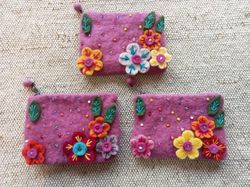 Set of 3 Pink Color Handmade Felt Coin Purse,Wool Pouch with Zipper