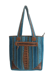 Blue Color Leather and Cotton Mix Shoulder Bag For Women
