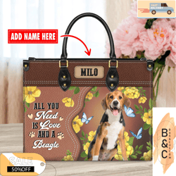 Beagle Dog Leather Handbags For Women, Custom NamesCustom Bag, Leather Bag, Leather Bag gift, Handbag
