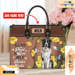 Border Collie Dog Leather Handbags For Women, Custom NamesCustom Bag, Leather Bag, Leather Bag gift, Handbag
