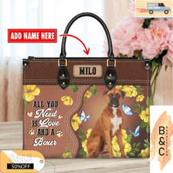 Boxer Dog Leather Handbags For Women, Custom NamesCustom Bag, Leather Bag, Leather Bag gift, Handbag