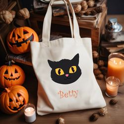 Custom Name Halloween Tote Bag Black Cat Design Canvas Bag, Kids Halloween Gift, Girls Halloween Accessories