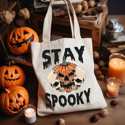 Stay Spooky Tote Bag Creepy Halloween Canvas Bag, Scary Season Accessories, Skull and Pumpkin Shoulder Bag