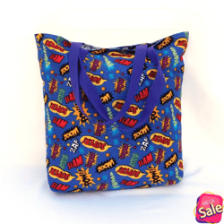 Pow Zap Boom interjections reversible reusable washable tote gift craft book project book lined free shipping bag