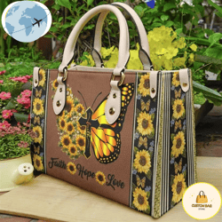 Faith With Sunflower Butterfly Leather Women Handbags, Custom Bag, Sport Bag
