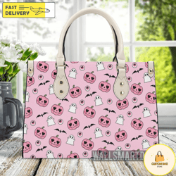 Vintage Pink Halloween Pattern Handbag, Halloween Handbag, Halloween Pumpkin Leatherr Handbag