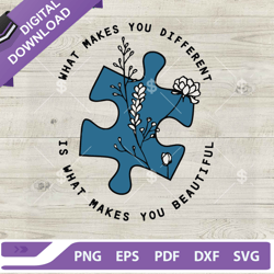 Autism Blue Puzzle Piece With Floral SVG, What Makes You Different Makes You Beautiful SVG, Autism Awareness